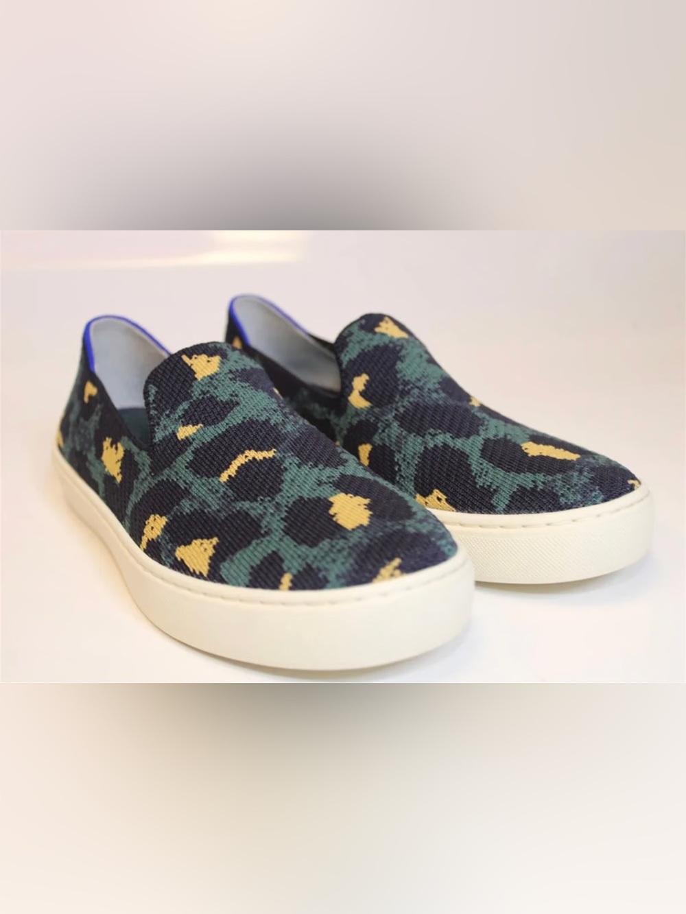 Rothy's Slip-On Knit Sneakers in Navy, Teal & Yellow Accent
